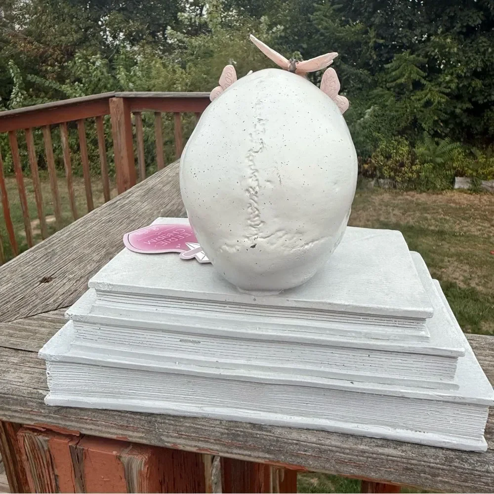 NEW Halloween Book Skull Stack Hocus Pocus Decor Butterflies White Pastel Pink
